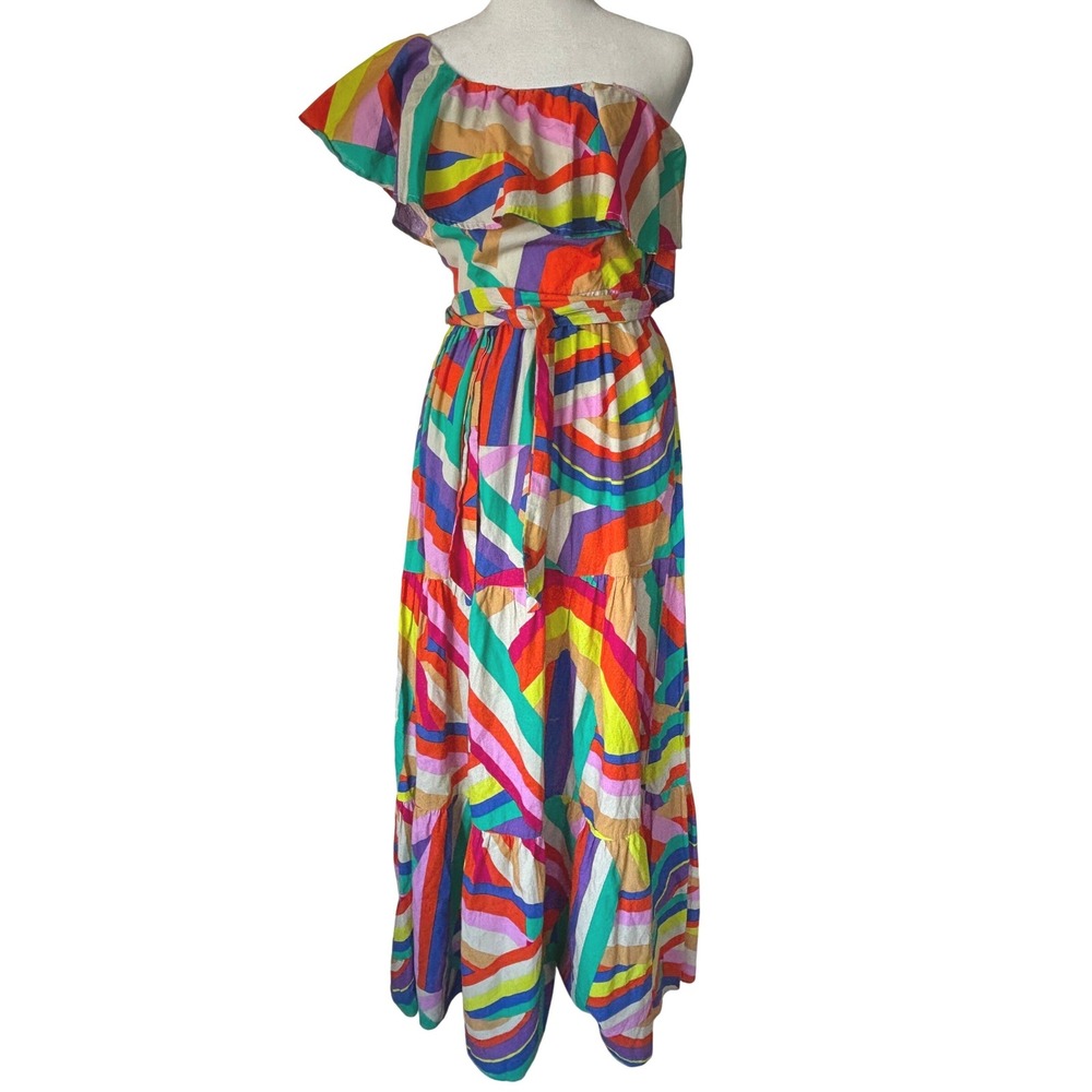 Flying Tomato Rainbow Wave One Shoulder Maxi Dress Multi Tiered‎ Ruffle Belted